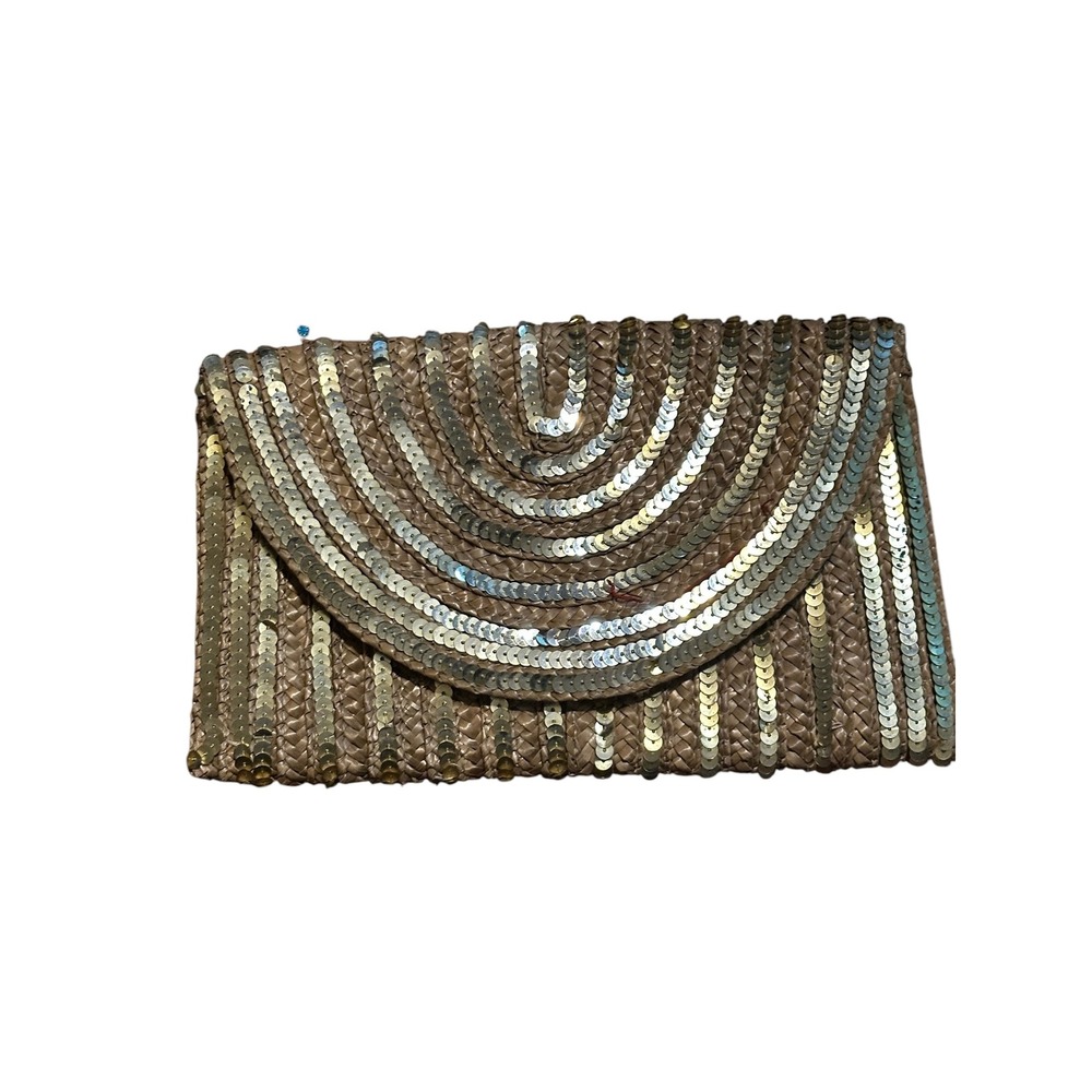 Miss Sixty Vintage Straw Sequin Envelope Clutch Bag Gold Silver Boho Evening